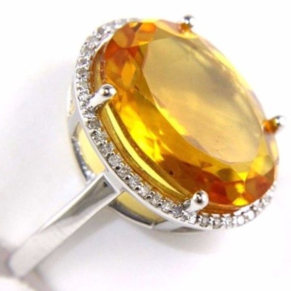 Honey Yellow Citrine & Diamond Halo Ring WG 7.64Ct - Picture 1 of 7
